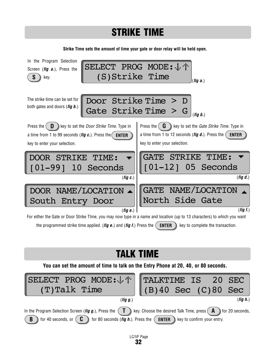 Strike time, Talk time, Select prog mode: (s)strike time | Door strike time > d gate strike time > g | Controlled Products Systems Group DIALCODE User Manual | Page 33 / 40