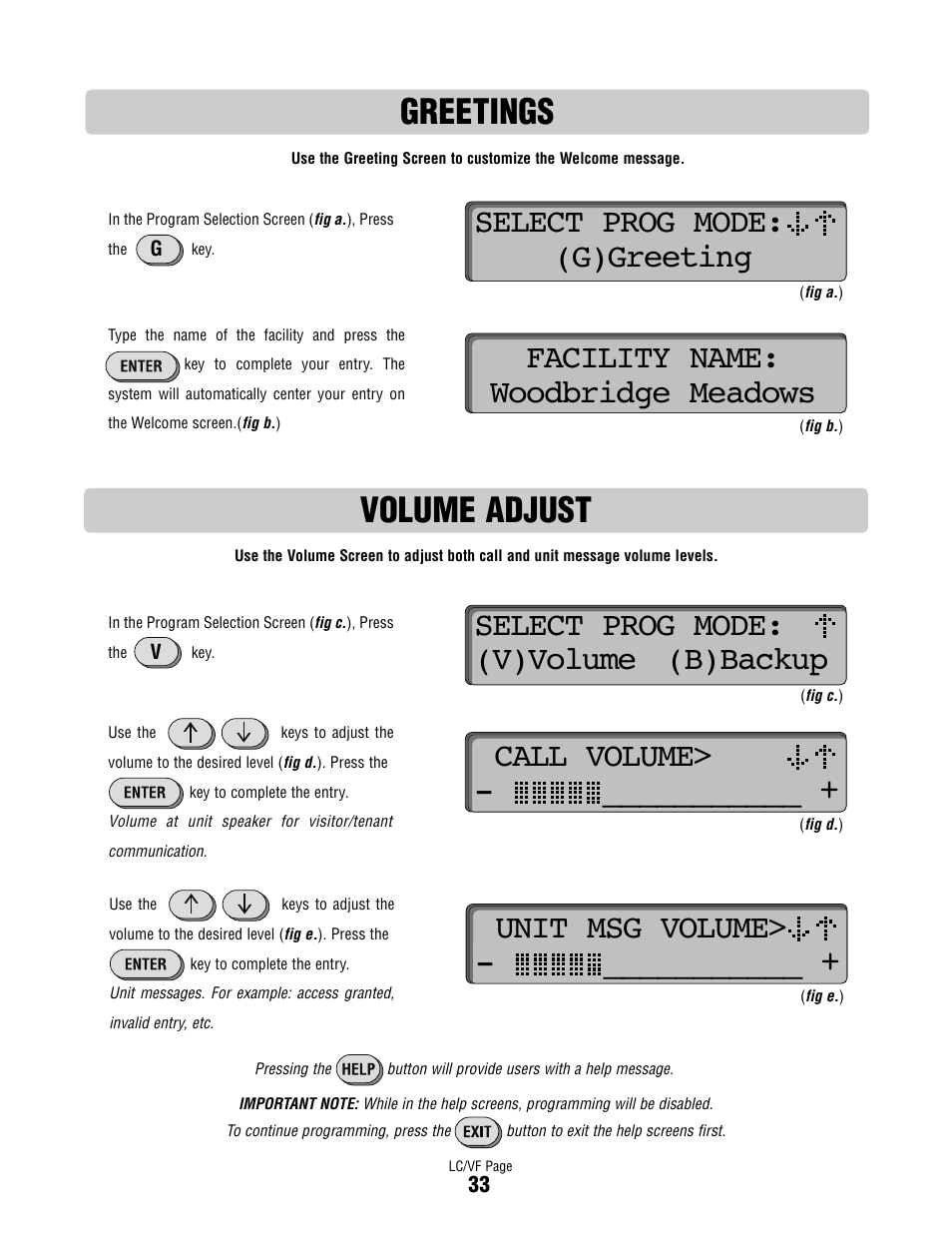 Greetings, Volume adjust, Select prog mode: (g)greeting | Facility name: woodbridge meadows, Select prog mode: (v)volume (b)backup, Call volume, Unit msg volume | Controlled Products Systems Group DIALCODE User Manual | Page 34 / 40