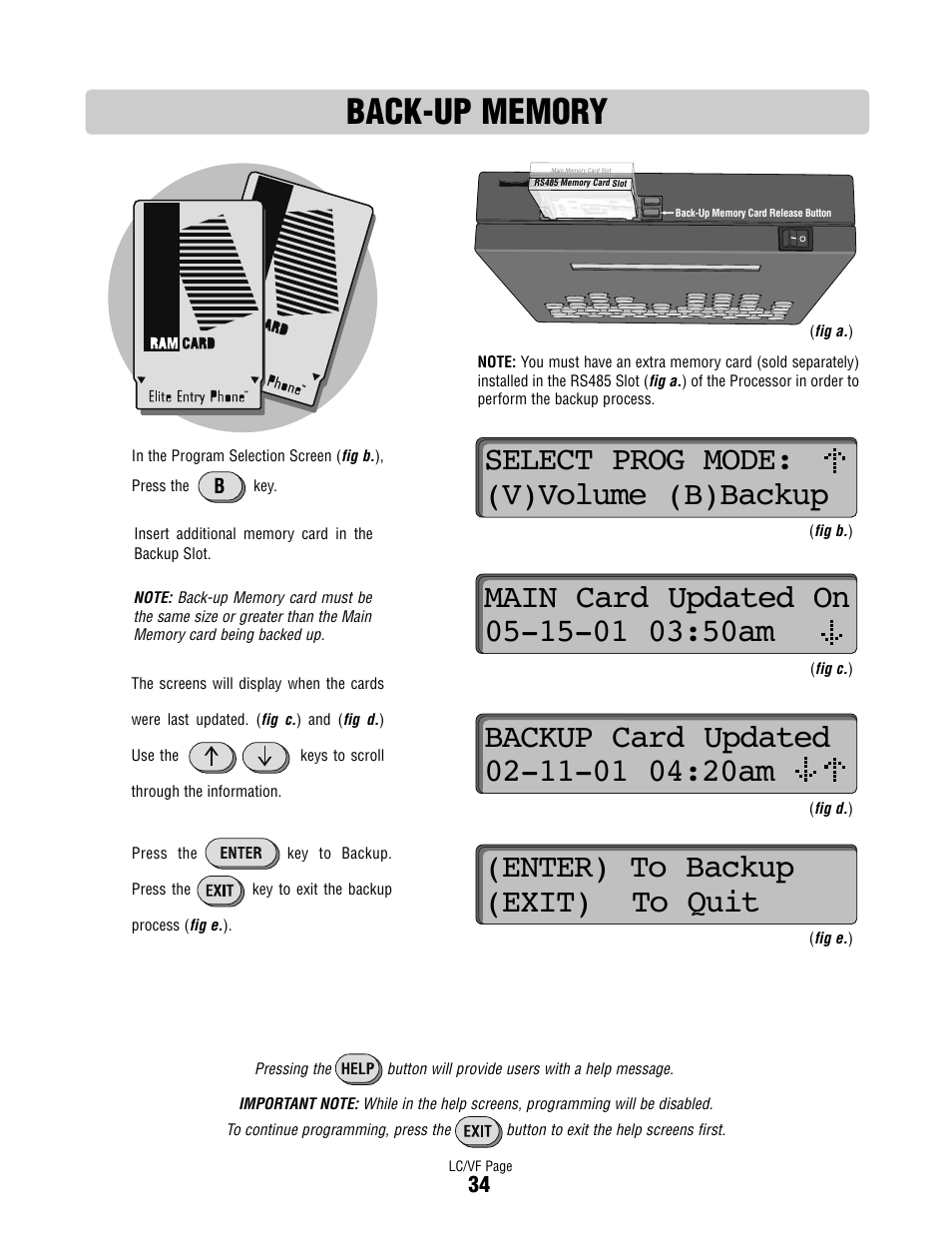 Back-up memory, Select prog mode: (v)volume (b)backup, Enter) to backup (exit) to quit | Controlled Products Systems Group DIALCODE User Manual | Page 35 / 40