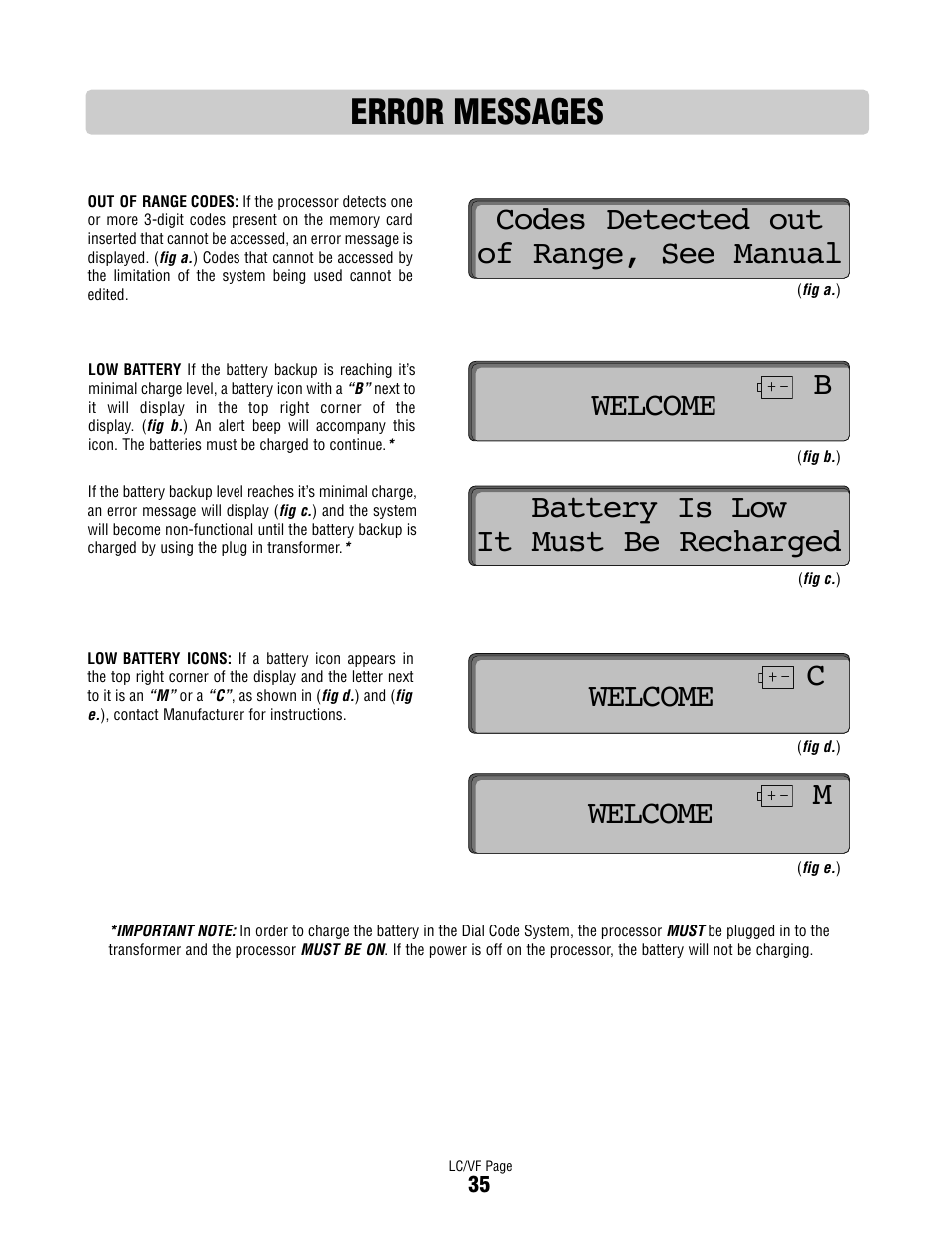 Error messages, Welcome, Welcome m | Controlled Products Systems Group DIALCODE User Manual | Page 36 / 40