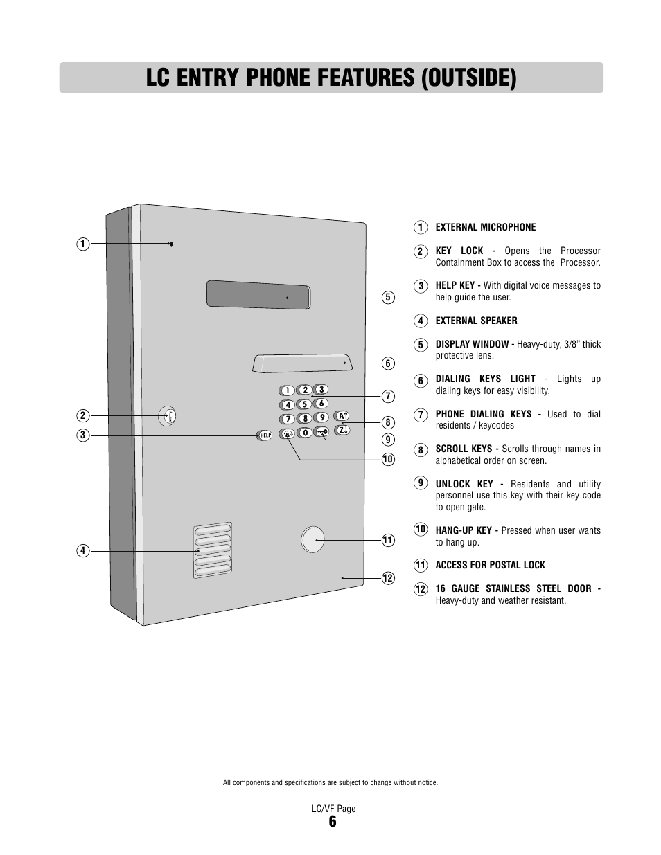 Lc entry phone features (outside) | Controlled Products Systems Group DIALCODE User Manual | Page 7 / 40