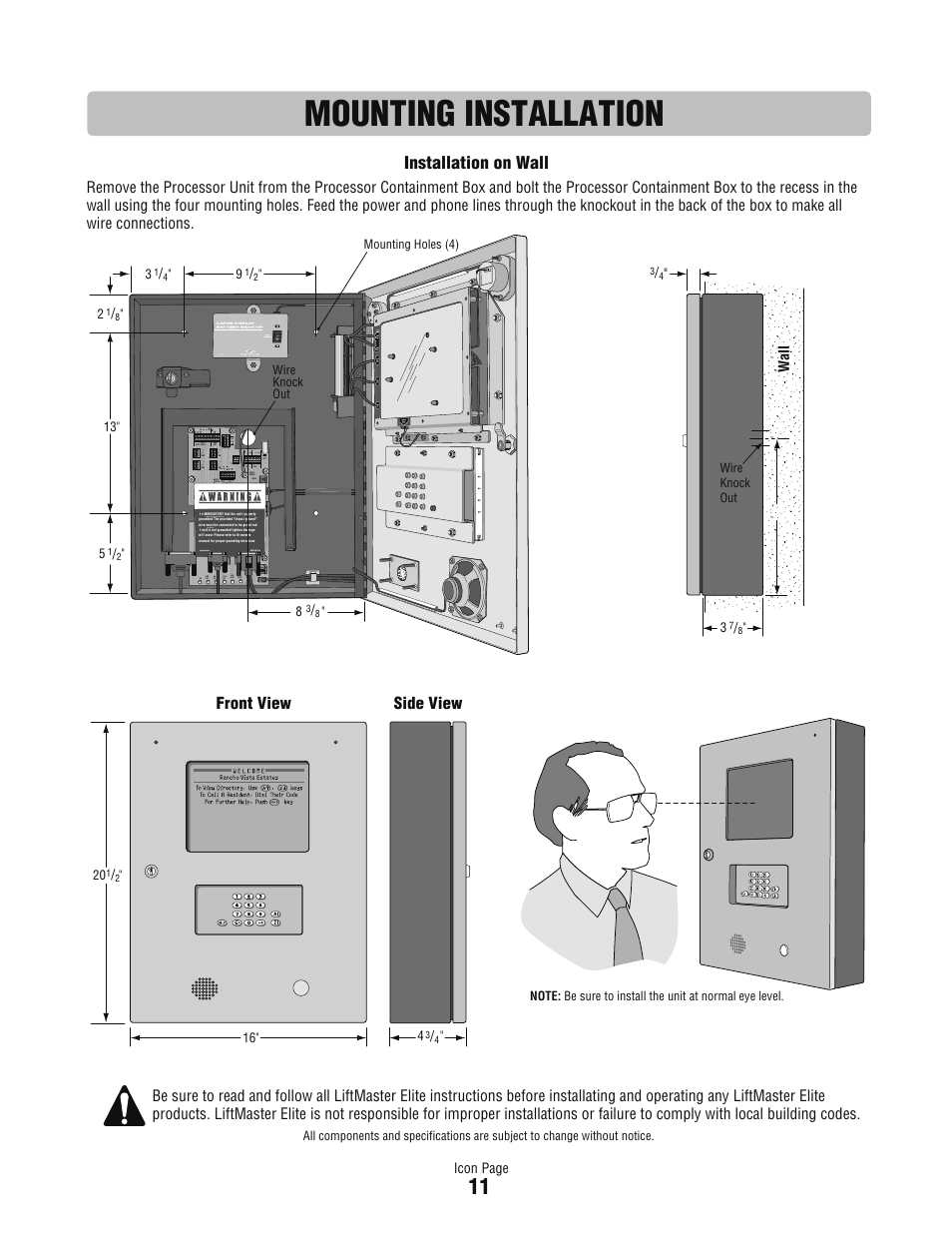 Mounting installation, Installation on wall, Front view side view | Controlled Products Systems Group ICON26 User Manual | Page 12 / 44