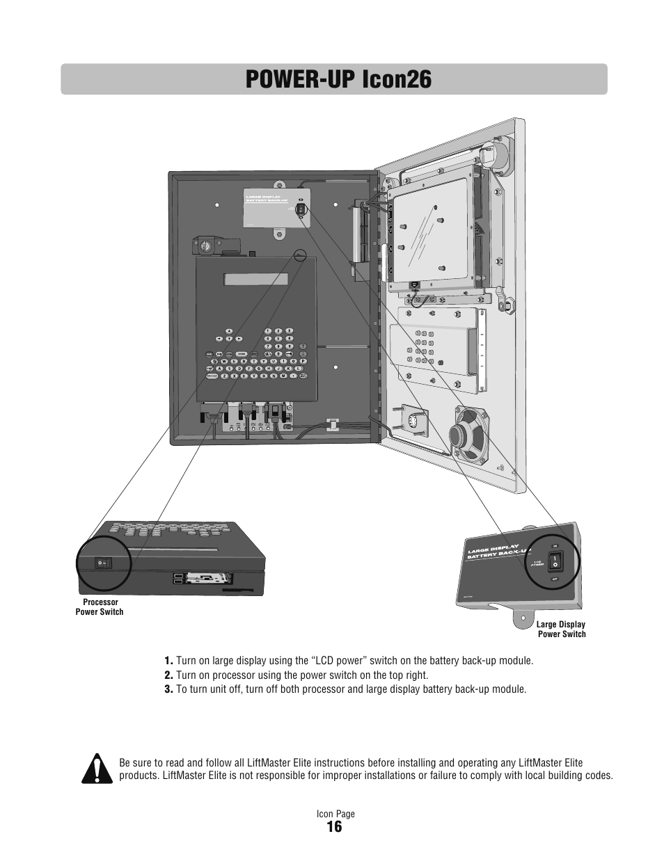 Power-up icon26, Icon page, Processor power switch large display power switch | Controlled Products Systems Group ICON26 User Manual | Page 17 / 44