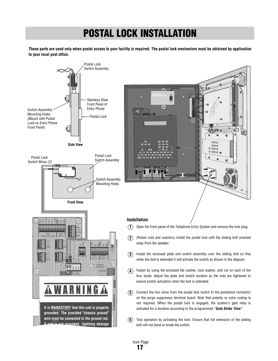 Postal lock installation, Installation, Icon page | Controlled Products Systems Group ICON26 User Manual | Page 18 / 44