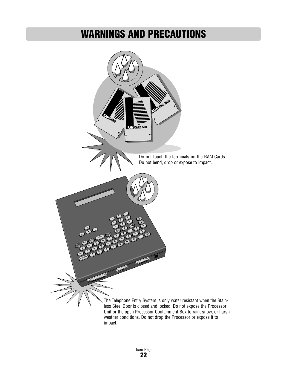 Warnings and precautions, Icon page | Controlled Products Systems Group ICON26 User Manual | Page 23 / 44