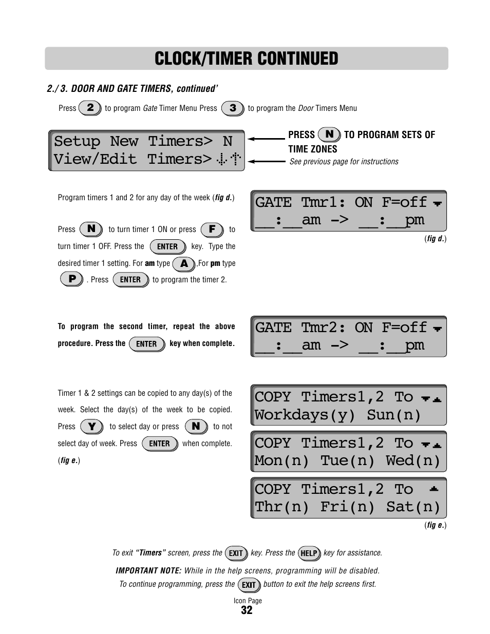 Clock/timer continued, Gate tmr2: on f=off __:__am -> __:__pm | Controlled Products Systems Group ICON26 User Manual | Page 33 / 44