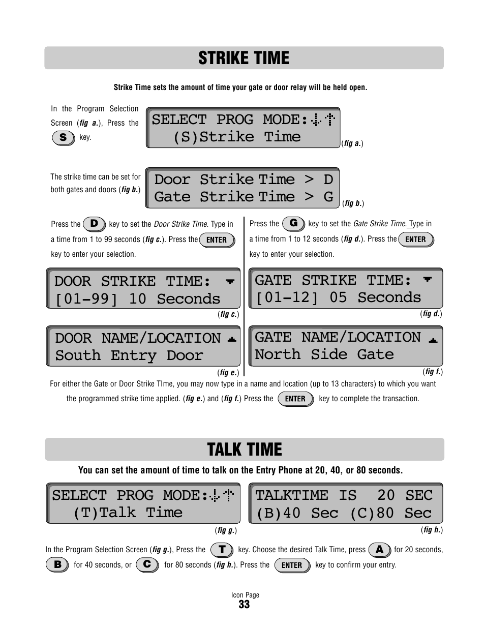 Strike time, Talk time, Select prog mode: (s)strike time | Door strike time > d gate strike time > g | Controlled Products Systems Group ICON26 User Manual | Page 34 / 44