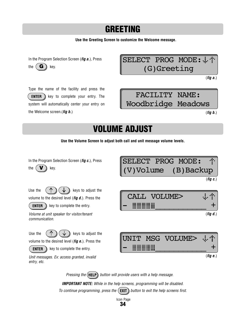 Greeting, Volume adjust, Greeting volume adjust | Select prog mode: (g)greeting, Facility name: woodbridge meadows, Select prog mode: (v)volume (b)backup, Call volume, Unit msg volume | Controlled Products Systems Group ICON26 User Manual | Page 35 / 44