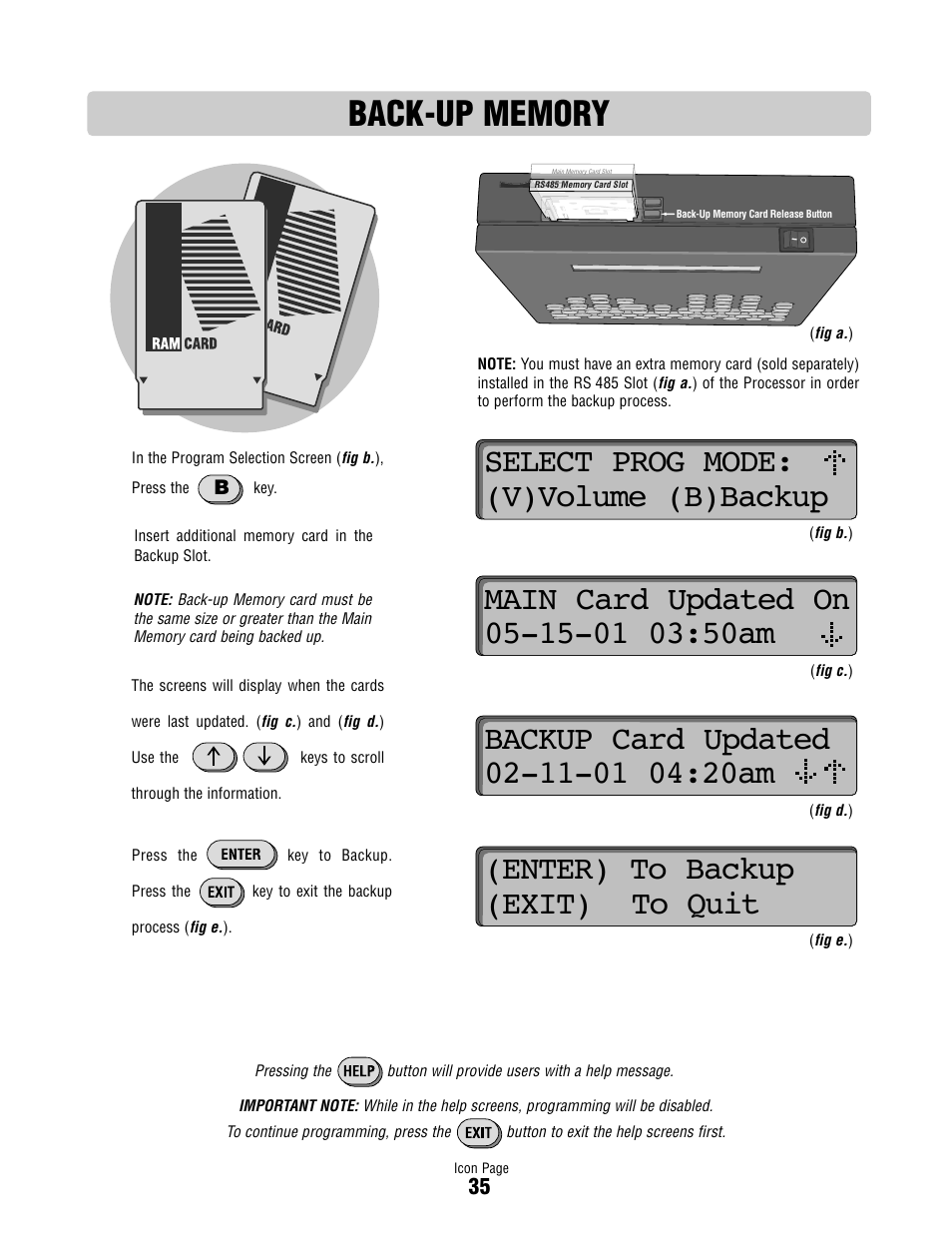 Back-up memory, Select prog mode: (v)volume (b)backup, Enter) to backup (exit) to quit | Controlled Products Systems Group ICON26 User Manual | Page 36 / 44