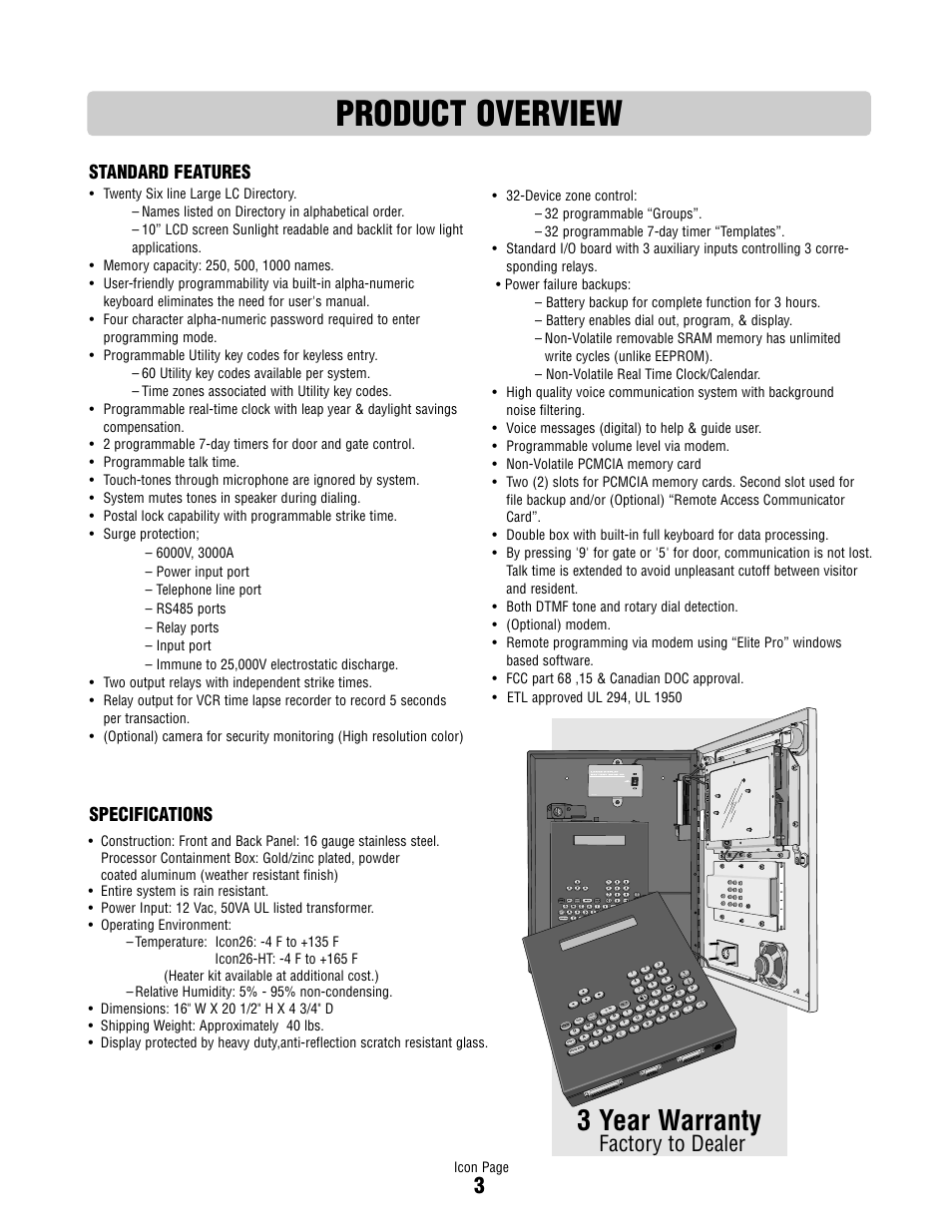 Product overview, 3 year warranty, Factory to dealer | Standard features specifications, Rogr m | Controlled Products Systems Group ICON26 User Manual | Page 4 / 44