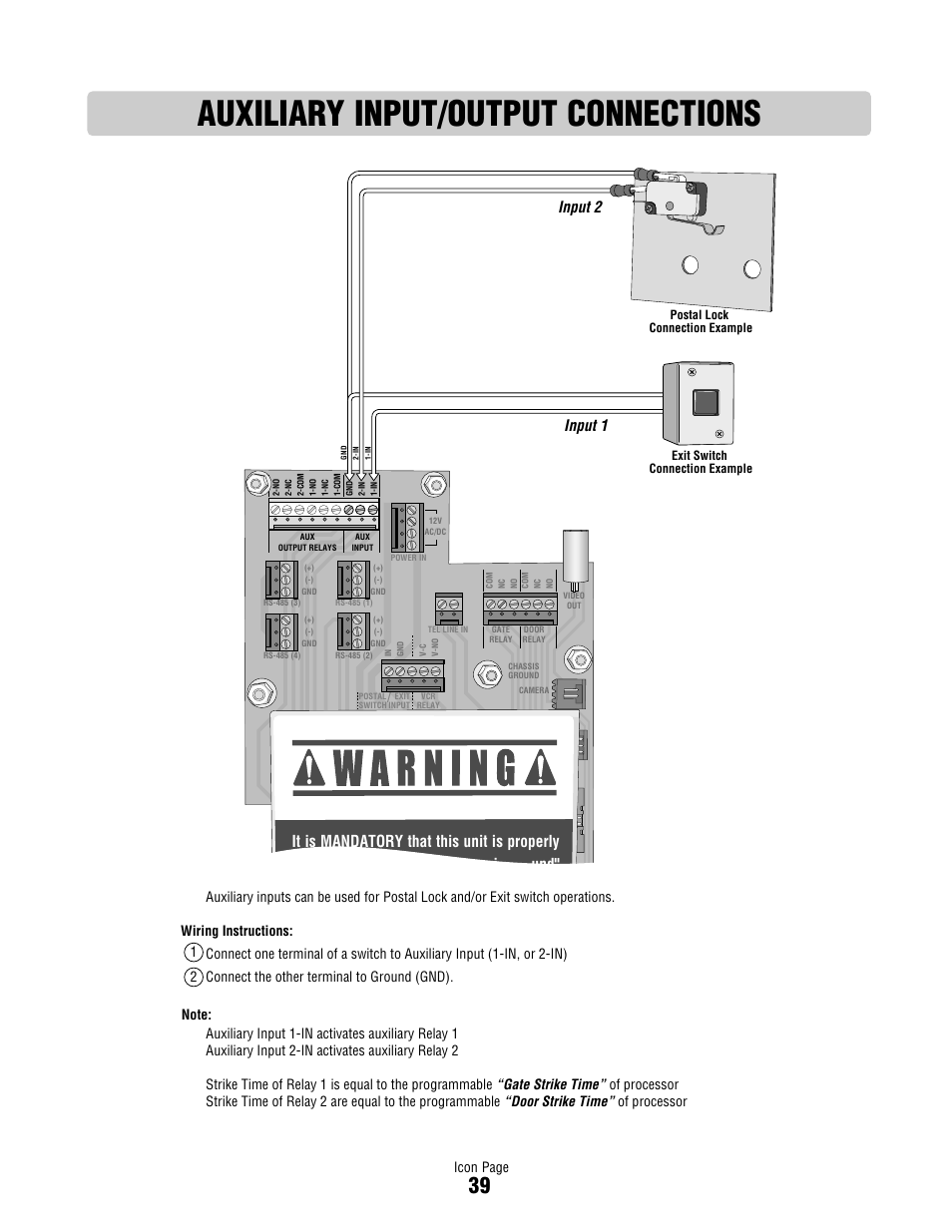 Auxiliary input/output connections, It is mandatory that this unit is properly i und, Input 2 input 1 | Controlled Products Systems Group ICON26 User Manual | Page 40 / 44