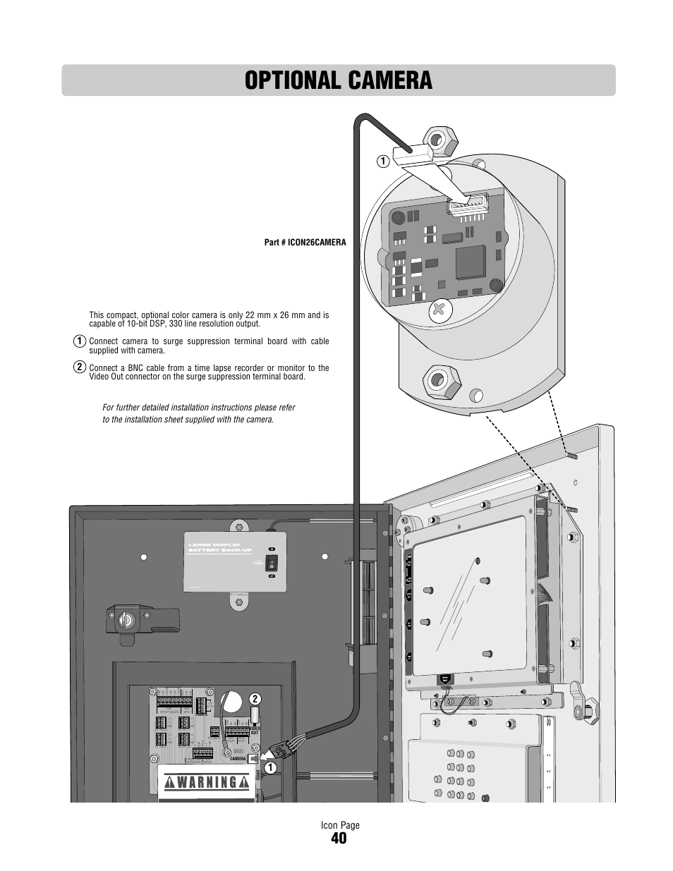 Optional camera, Icon page | Controlled Products Systems Group ICON26 User Manual | Page 41 / 44
