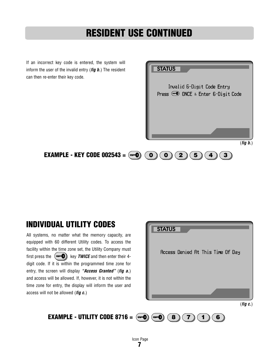 Resident use continued, Individual utility codes | Controlled Products Systems Group ICON26 User Manual | Page 8 / 44