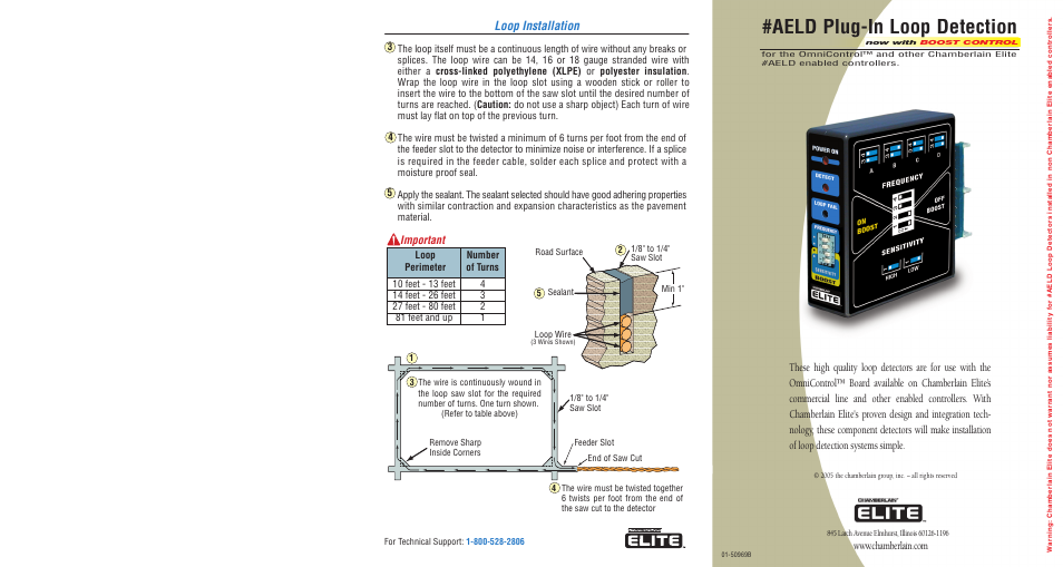 Aeld plug-in loop detection, Loop installation, Important | 10 feet - 13 feet loop perimeter | Controlled Products Systems Group AELD User Manual | Page 2 / 2