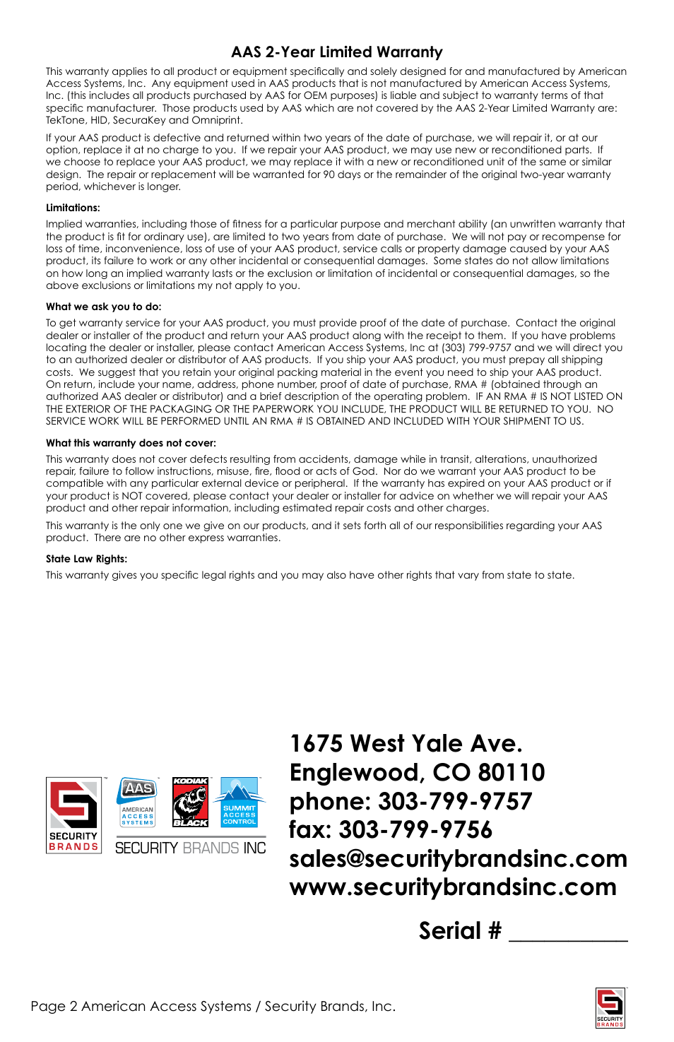 Serial | American Access Systems Mechanical Card Readers - 11-024i User Manual | Page 2 / 8