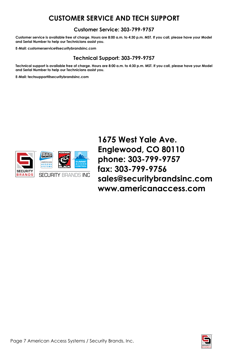 Customer service and tech support | American Access Systems Mechanical Card Readers - 11-024i User Manual | Page 7 / 8