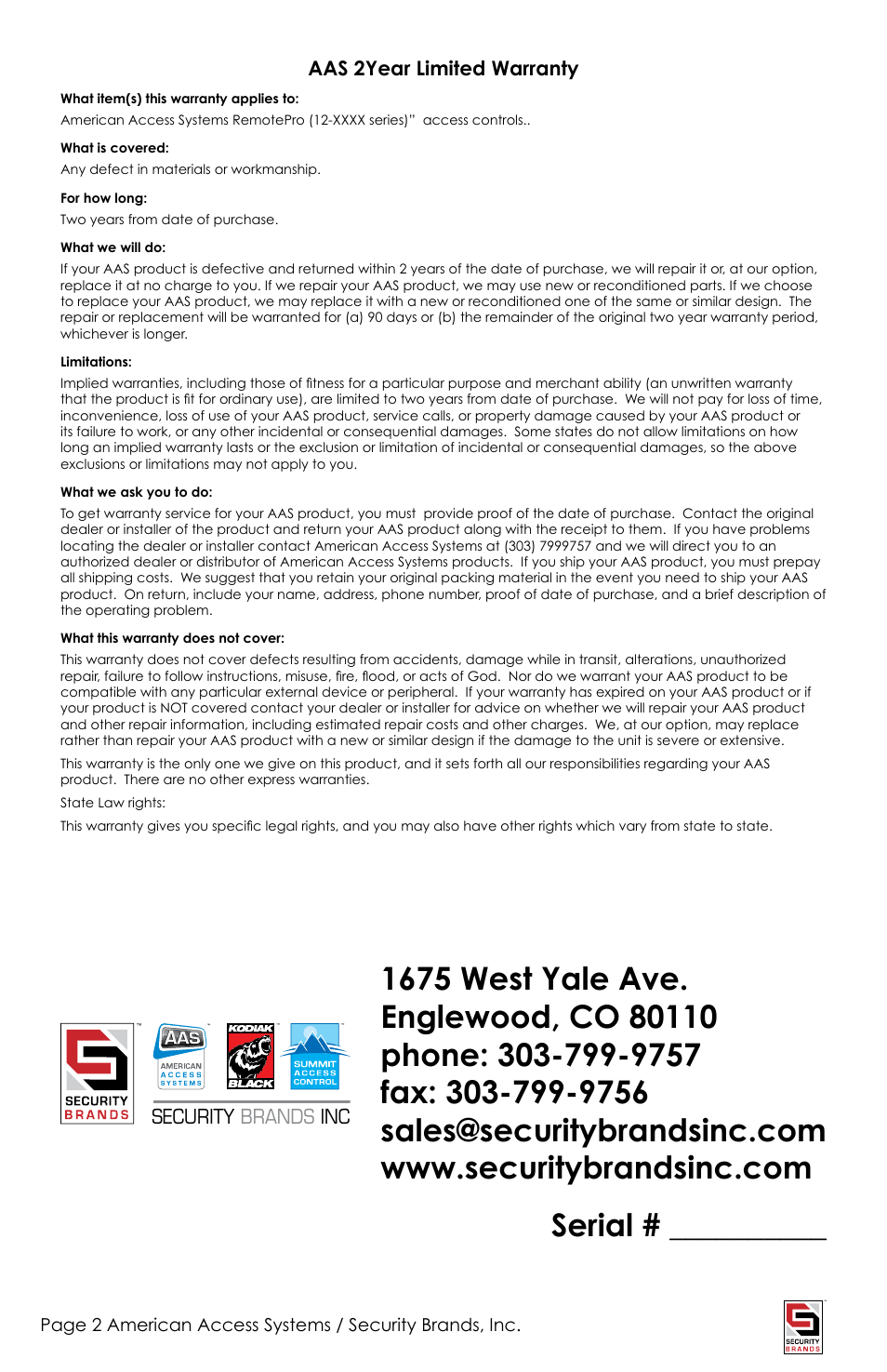 Serial | American Access Systems RemotePro KP 12-000sg User Manual | Page 2 / 8