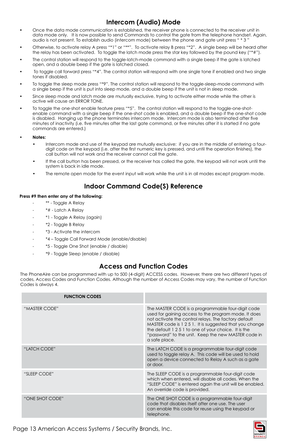 Intercom (audio) mode, Indoor command code(s) reference, Access and function codes | American Access Systems PhoneAire - 16-1050 User Manual | Page 13 / 24