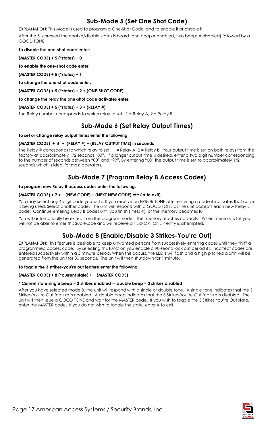 Sub-mode 5 (set one shot code), Sub-mode 6 (set relay output times), Sub-mode 7 (program relay b access codes) | Sub-mode 8 (enable/disable 3 strikes-you’re out) | American Access Systems PhoneAire - 16-1050 User Manual | Page 17 / 24