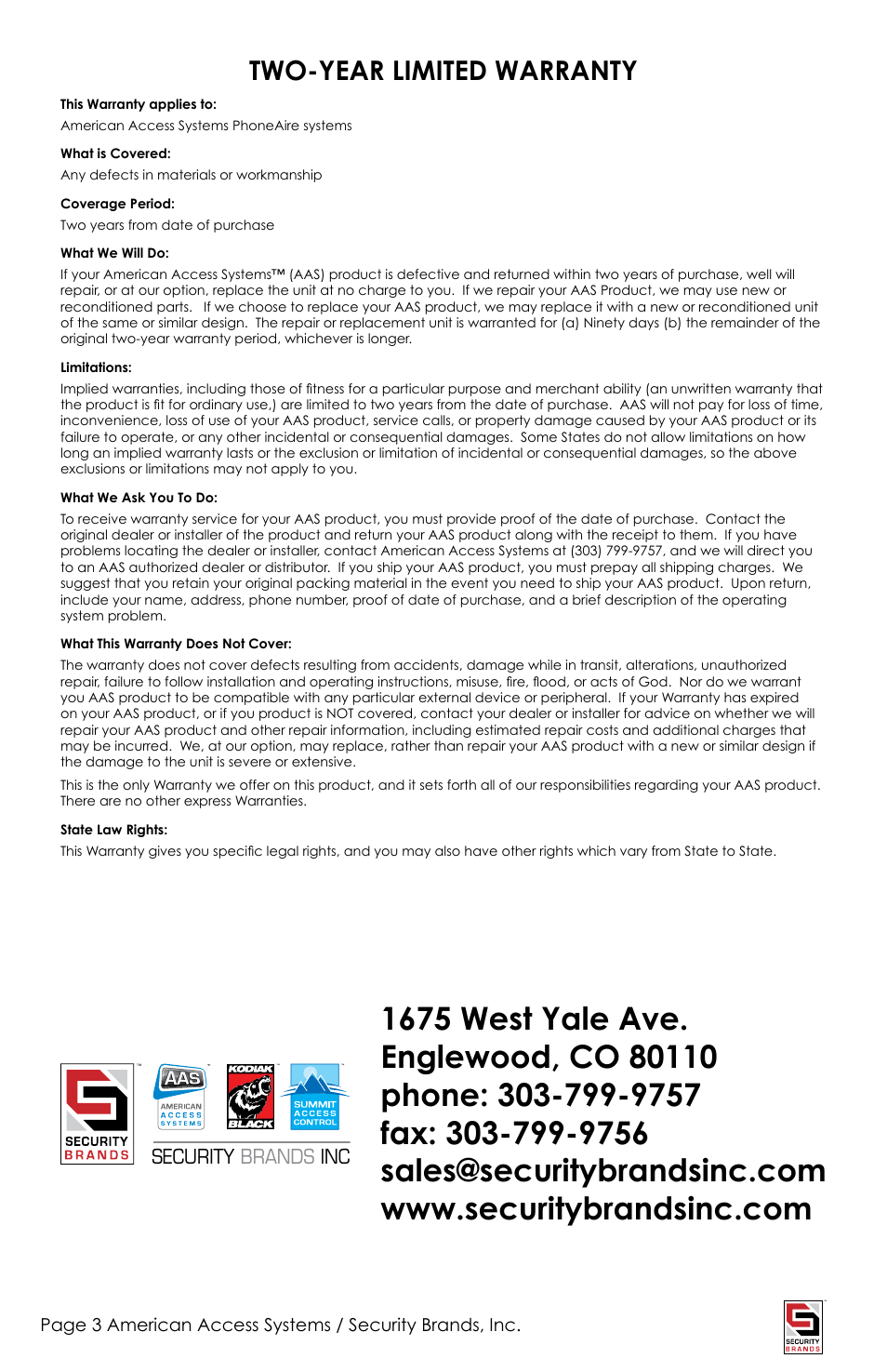 Two-year limited warranty | American Access Systems PhoneAire - 16-1050 User Manual | Page 3 / 24