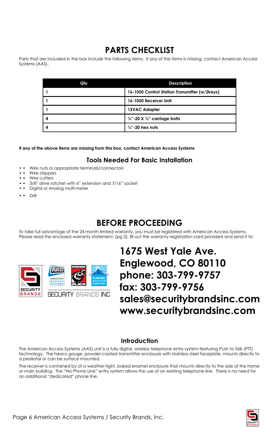 Parts checklist, Before proceeding | American Access Systems PhoneAire - 16-1050 User Manual | Page 6 / 24