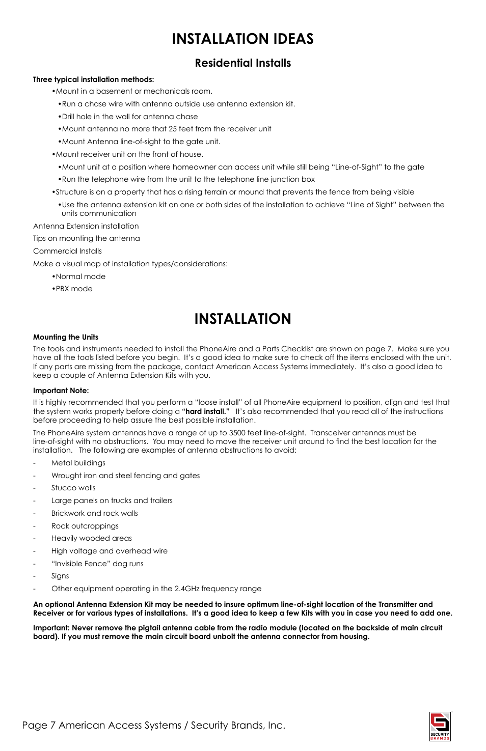 Installation ideas, Installation, Residential installs | American Access Systems PhoneAire - 16-1050 User Manual | Page 7 / 24