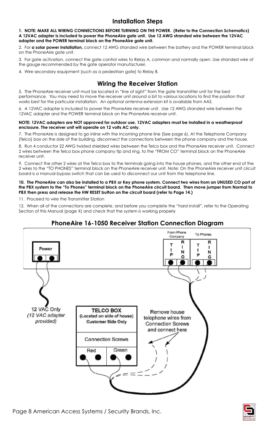 Installation steps, Wiring the receiver station | American Access Systems PhoneAire - 16-1050 User Manual | Page 8 / 24