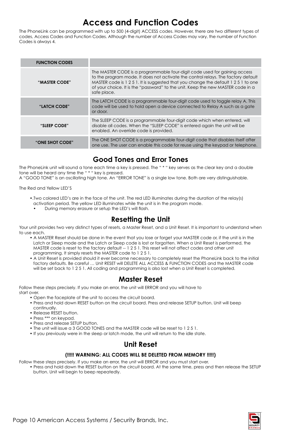 Access and function codes, Good tones and error tones, Resetting the unit | Master reset, Unit reset | American Access Systems PhoneLink User Manual | Page 10 / 18