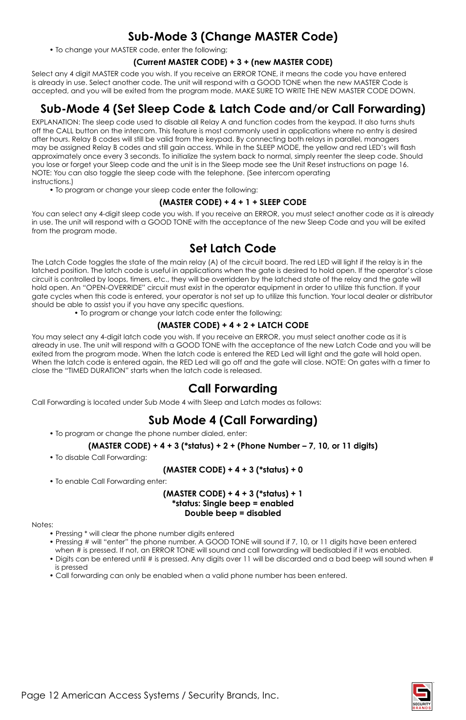 Sub-mode 3 (change master code), Set latch code, Call forwarding | Sub mode 4 (call forwarding) | American Access Systems PhoneLink User Manual | Page 12 / 18