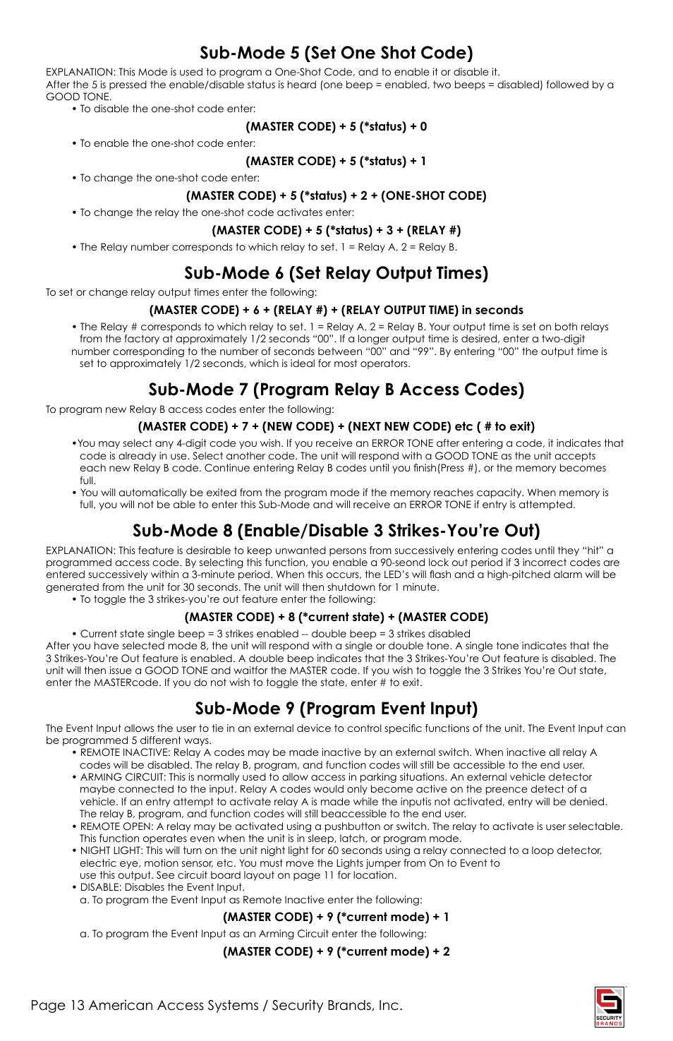 Sub-mode 5 (set one shot code), Sub-mode 6 (set relay output times), Sub-mode 7 (program relay b access codes) | Sub-mode 8 (enable/disable 3 strikes-you’re out), Sub-mode 9 (program event input) | American Access Systems PhoneLink User Manual | Page 13 / 18
