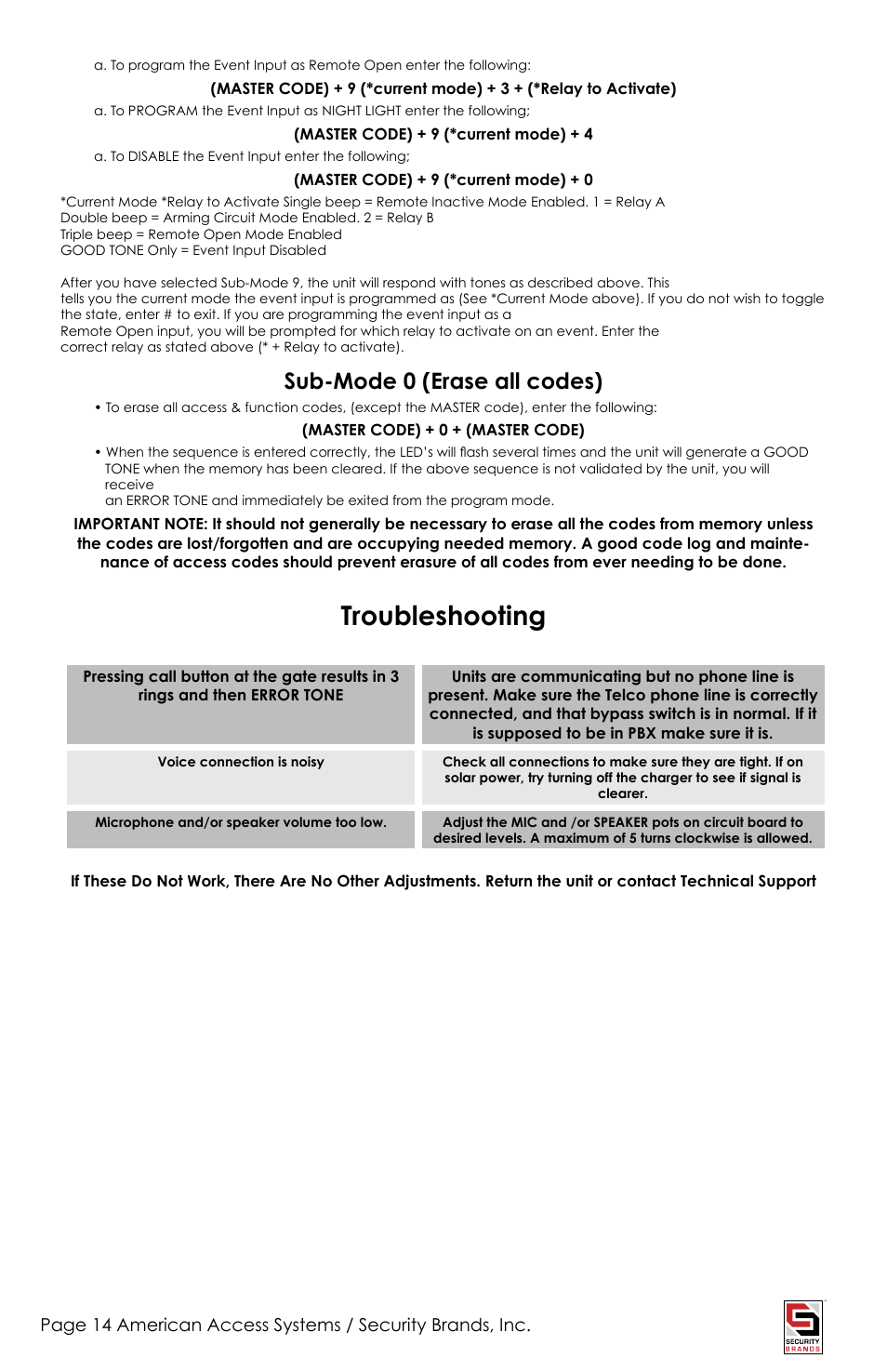 Troubleshooting, Sub-mode 0 (erase all codes) | American Access Systems PhoneLink User Manual | Page 14 / 18