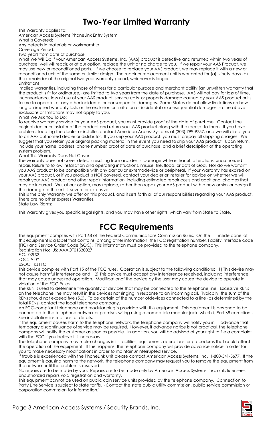 Two-year limited warranty, Fcc requirements | American Access Systems PhoneLink User Manual | Page 3 / 18