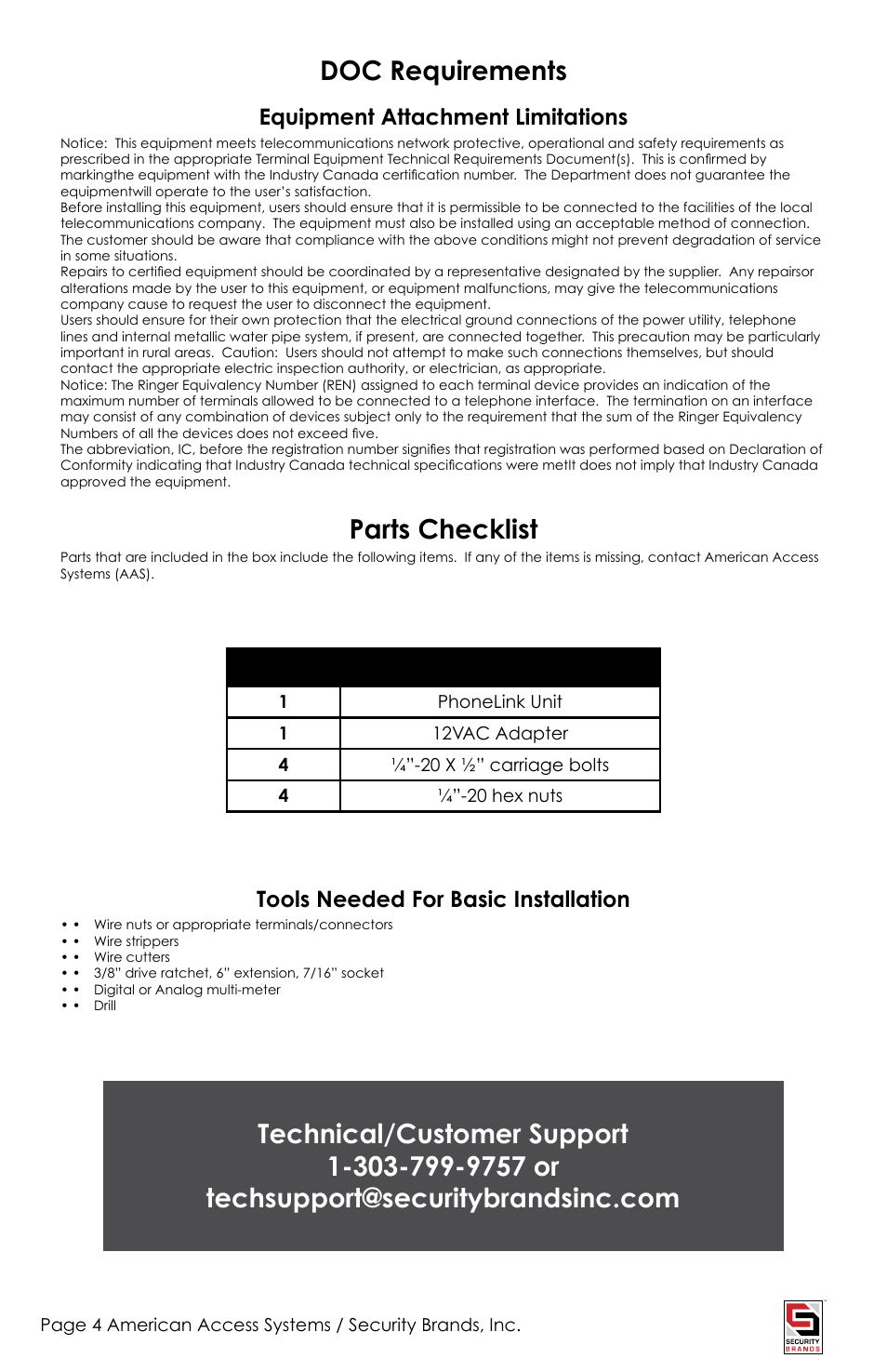 Doc requirements, Parts checklist | American Access Systems PhoneLink User Manual | Page 4 / 18