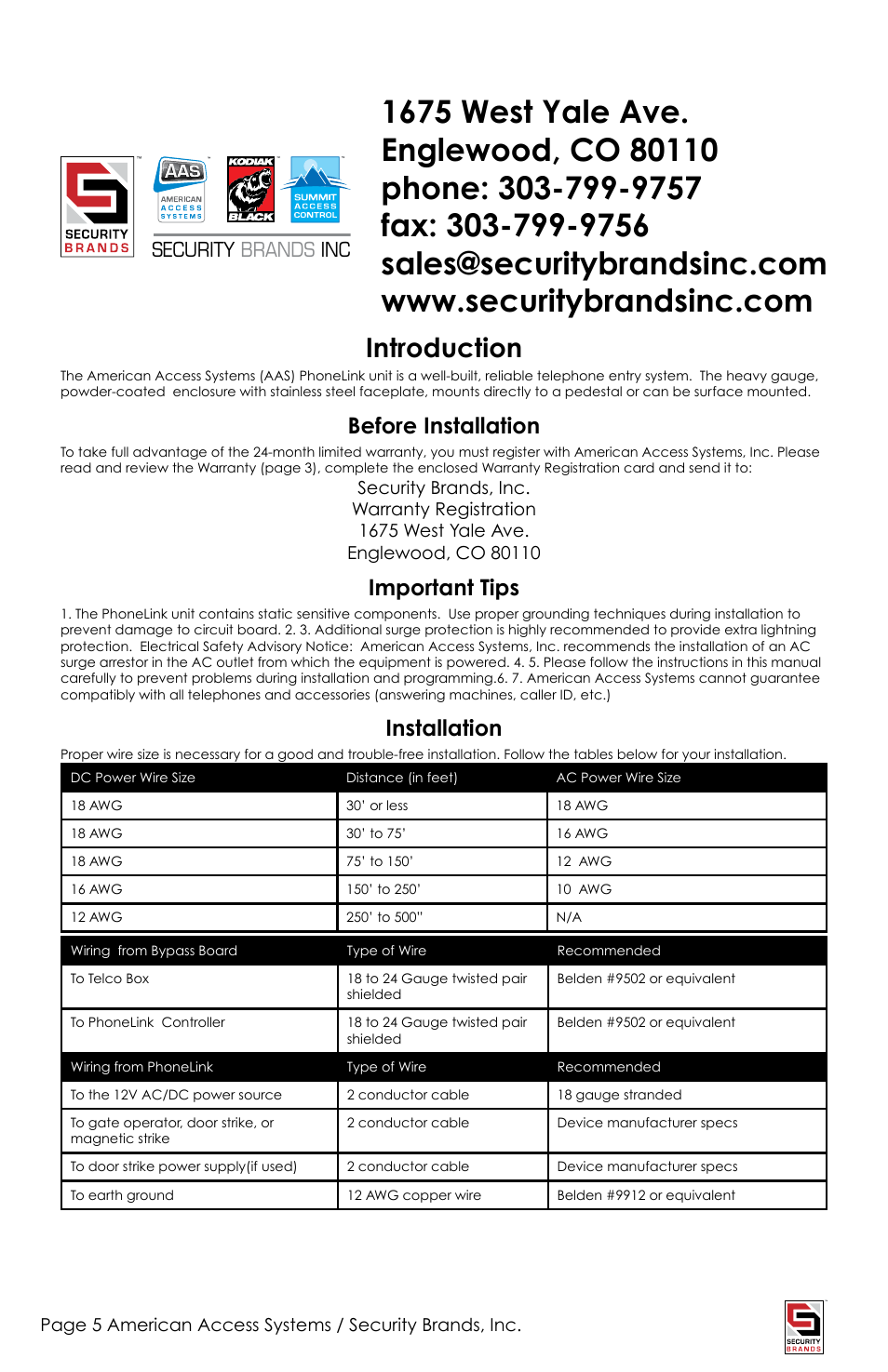 Introduction, Before installation, Important tips | Installation, Security brands inc | American Access Systems PhoneLink User Manual | Page 5 / 18