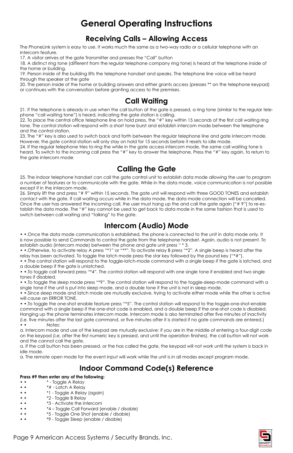 General operating instructions, Receiving calls – allowing access, Call waiting | Calling the gate, Intercom (audio) mode, Indoor command code(s) reference | American Access Systems PhoneLink User Manual | Page 9 / 18