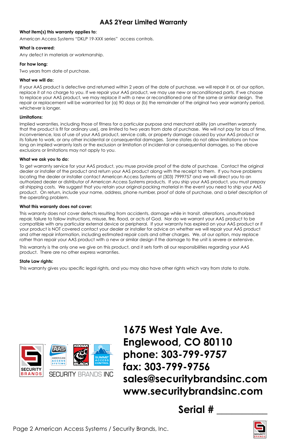 Serial | American Access Systems Advantage DKLP - Metal - 19-100(i) User Manual | Page 2 / 12