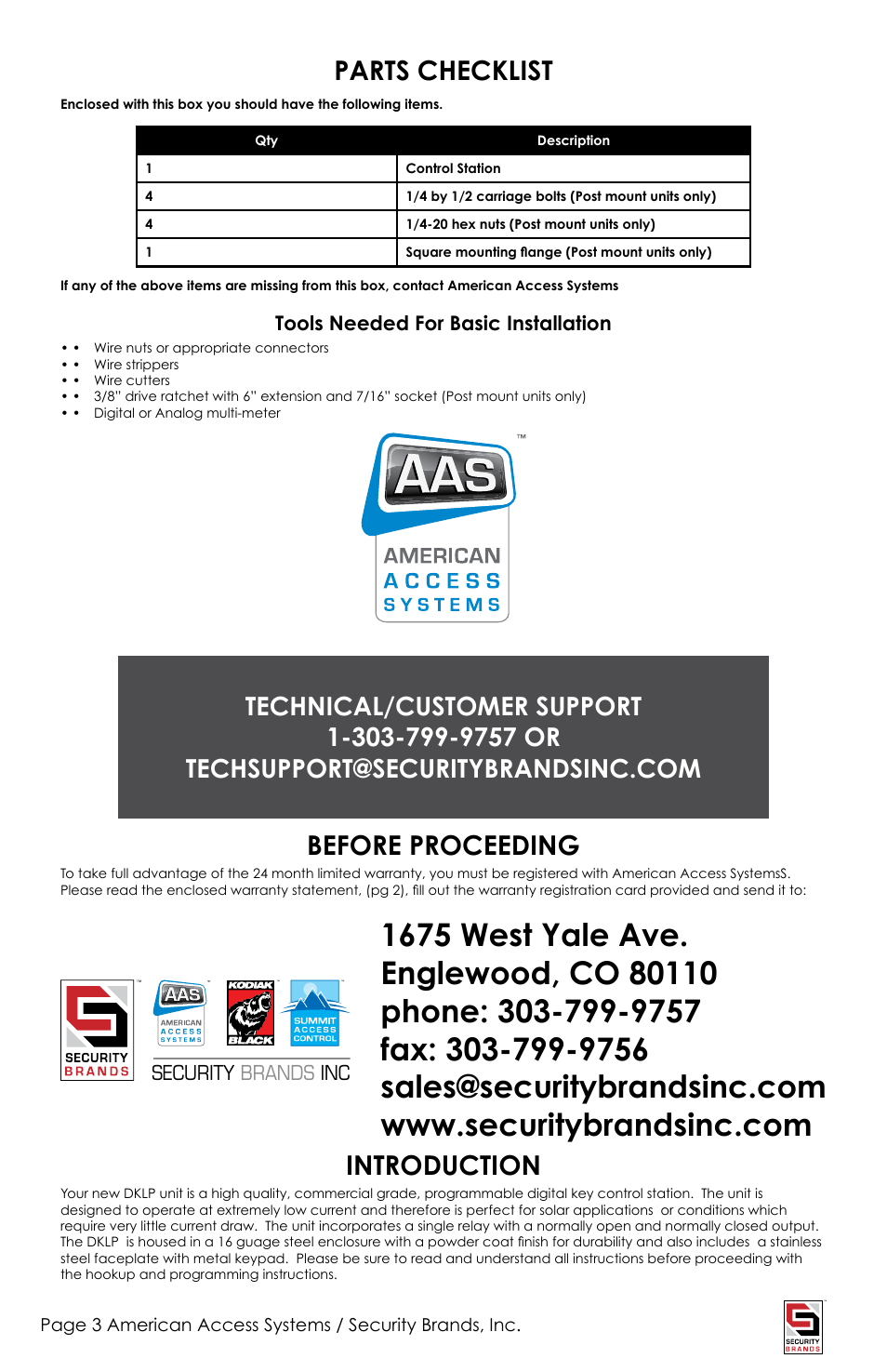 Parts checklist, Introduction, Before proceeding | American Access Systems Advantage DKLP - Metal - 19-100(i) User Manual | Page 3 / 12