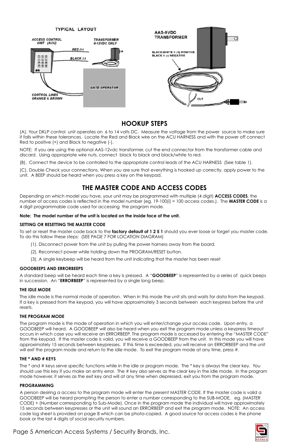 Hookup steps, The master code and access codes | American Access Systems Advantage DKLP - Metal - 19-100(i) User Manual | Page 5 / 12