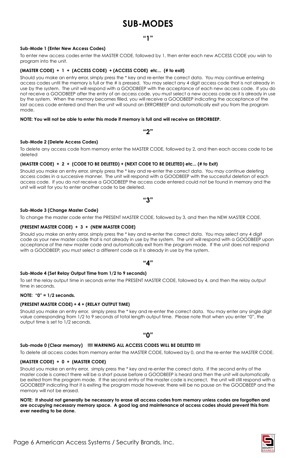 Sub-modes | American Access Systems Advantage DKLP - Metal - 19-100(i) User Manual | Page 6 / 12