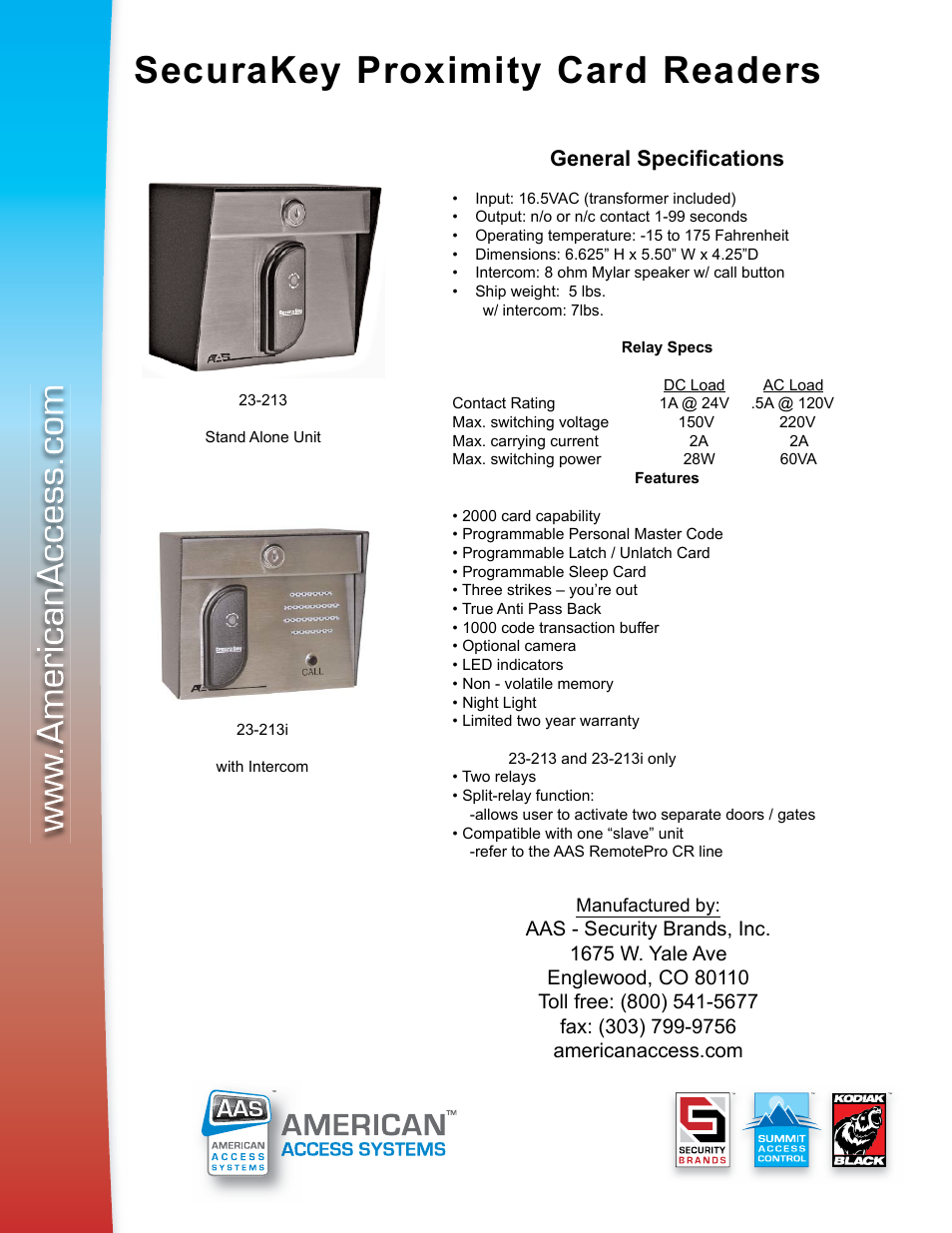 Securakey proximity card readers, General specifications | Controlled Products Systems Group 23-213 User Manual | Page 2 / 2