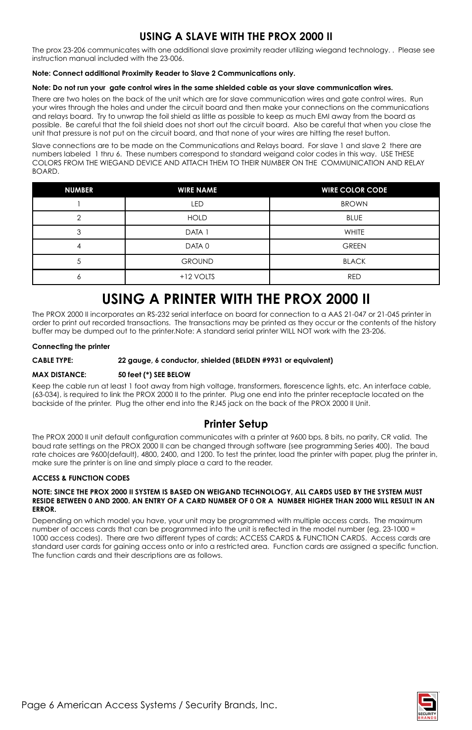 Using a printer with the prox 2000 ii, Using a slave with the prox 2000 ii, Printer setup | Controlled Products Systems Group 23-213I User Manual | Page 6 / 20