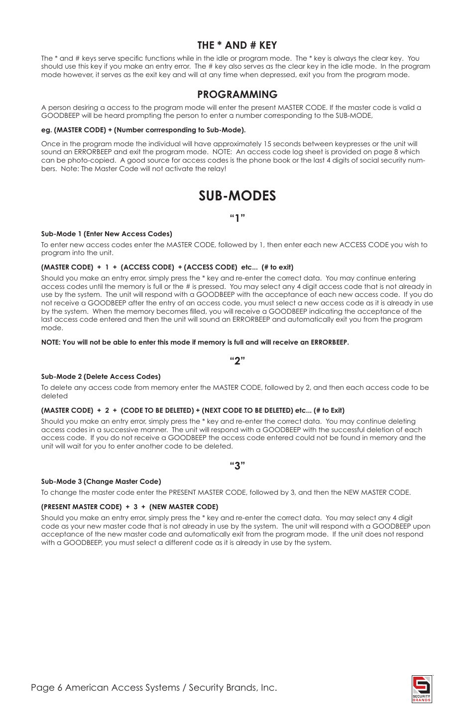 Sub-modes, The * and # key, Programming | Controlled Products Systems Group 26-100L User Manual | Page 6 / 12