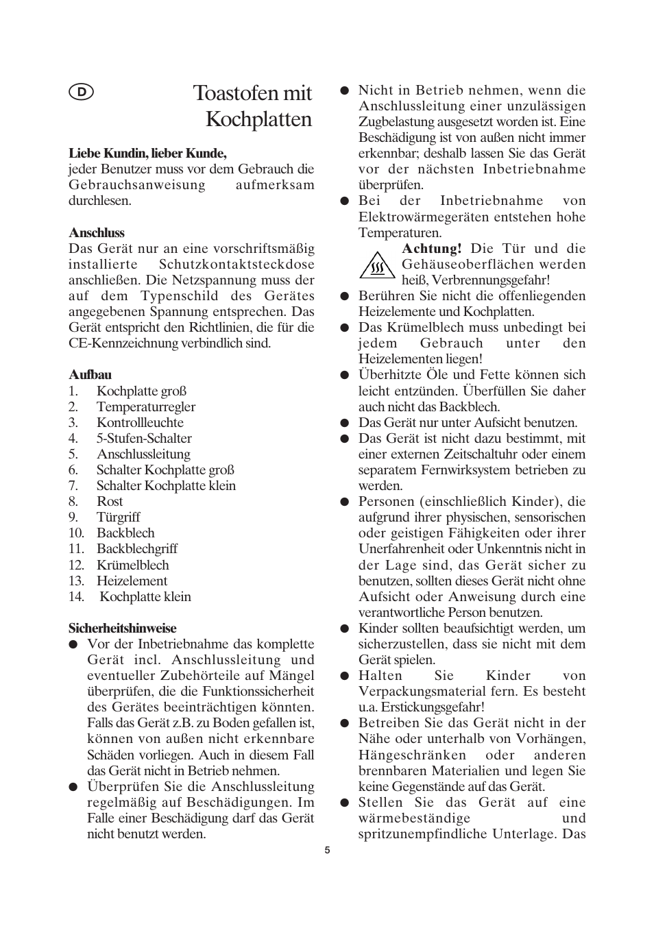 Toastofen mit kochplatten | SEVERIN KH 2043 User Manual | Page 5 / 58