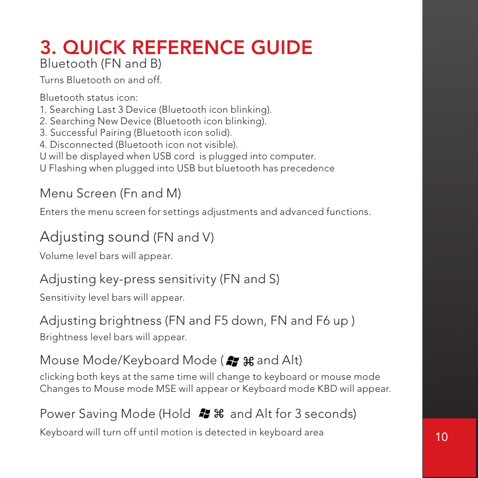 Quick reference guide, Adjusting sound | CTX Virtual Technologies The VK200 KEYFOB Virtual Keyboard User Manual | Page 11 / 49