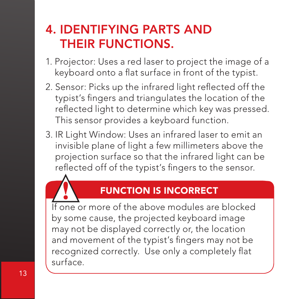 Identifying parts and their functions | CTX Virtual Technologies The VK200 KEYFOB Virtual Keyboard User Manual | Page 14 / 49