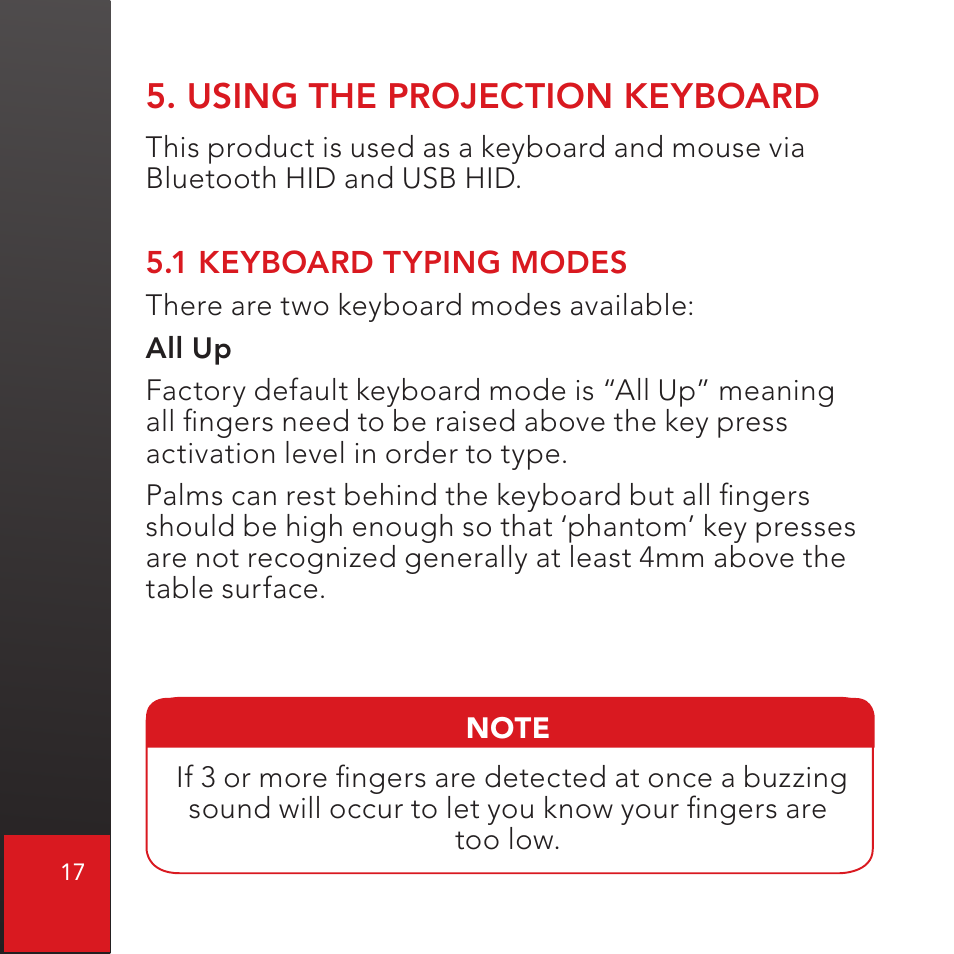 Using the projection keyboard | CTX Virtual Technologies The VK200 KEYFOB Virtual Keyboard User Manual | Page 18 / 49