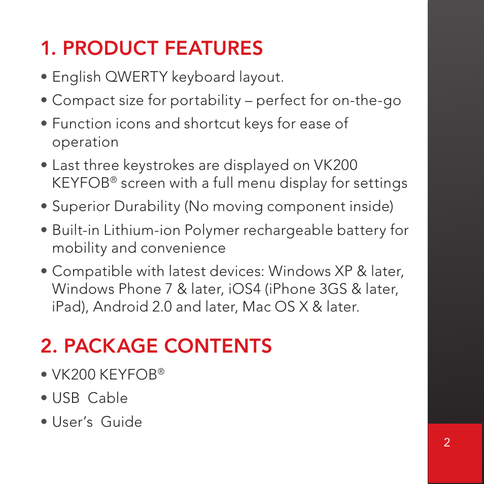 Product features, Package contents | CTX Virtual Technologies The VK200 KEYFOB Virtual Keyboard User Manual | Page 3 / 49