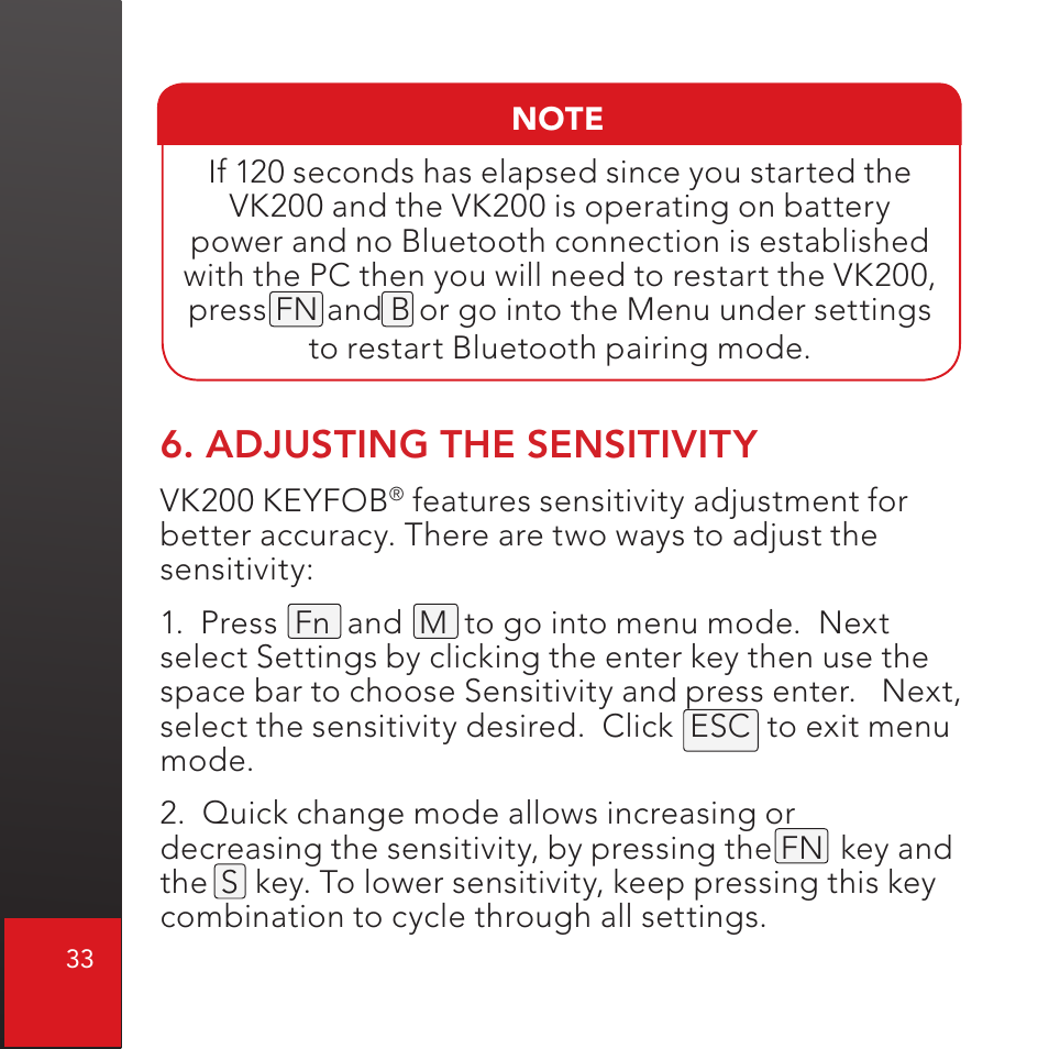 Adjusting the sensitivity | CTX Virtual Technologies The VK200 KEYFOB Virtual Keyboard User Manual | Page 34 / 49