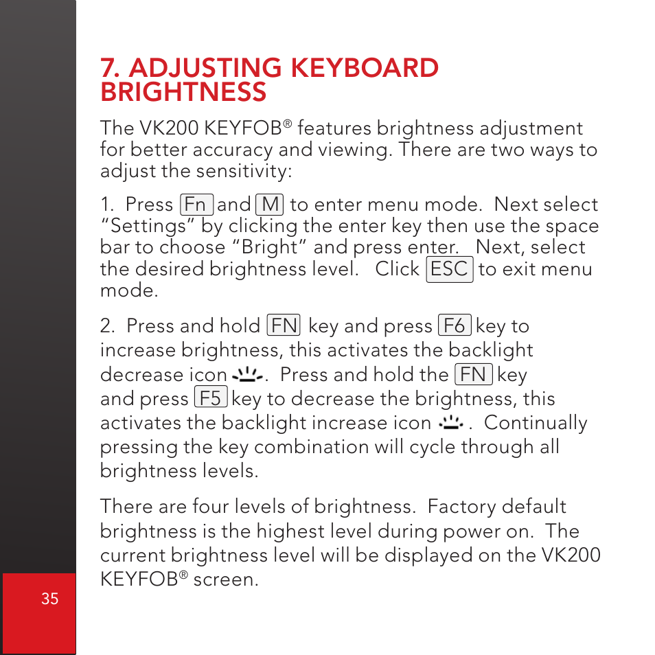 Adjusting keyboard brightness | CTX Virtual Technologies The VK200 KEYFOB Virtual Keyboard User Manual | Page 36 / 49