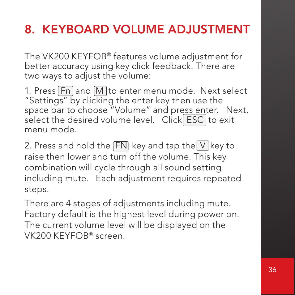 Keyboard volume adjustment | CTX Virtual Technologies The VK200 KEYFOB Virtual Keyboard User Manual | Page 37 / 49